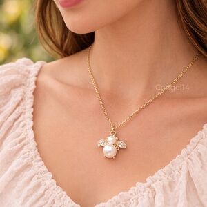 Gold Bee Faux Pearl Necklace CZ Wing Pendant Dainty Nature Jewelry